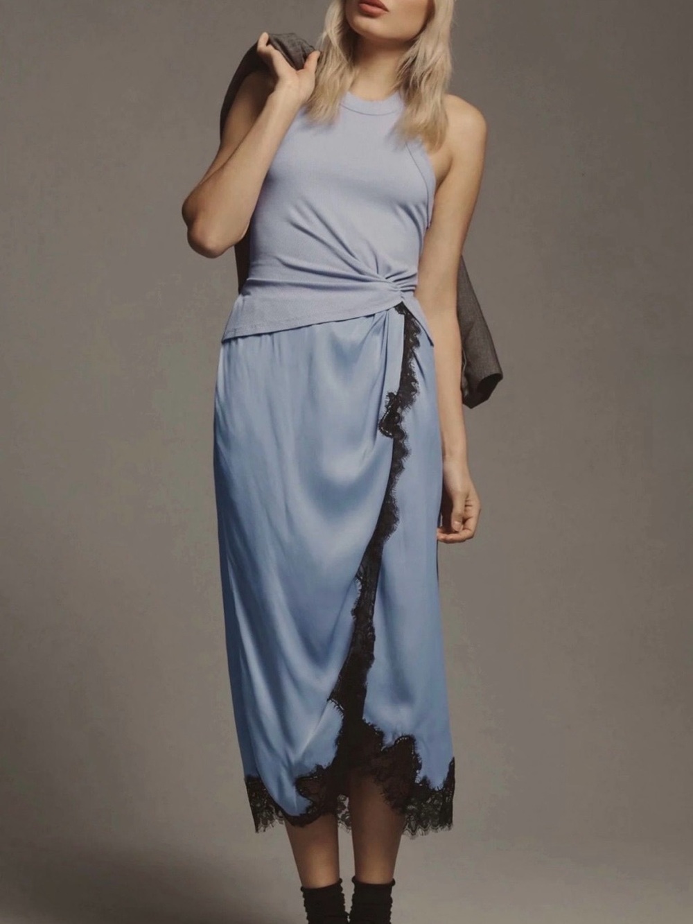 Anthropologie Keeley Twofer Midi Dress in Powder Blue with Black Lace